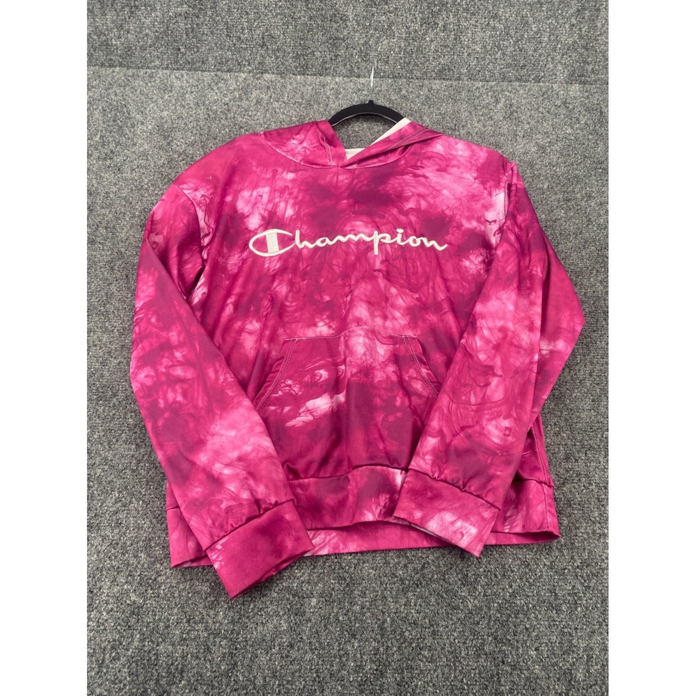 Champion Tie Dye Hoodie Sweatshirt Womens Large Pink White Script Logo Pullover